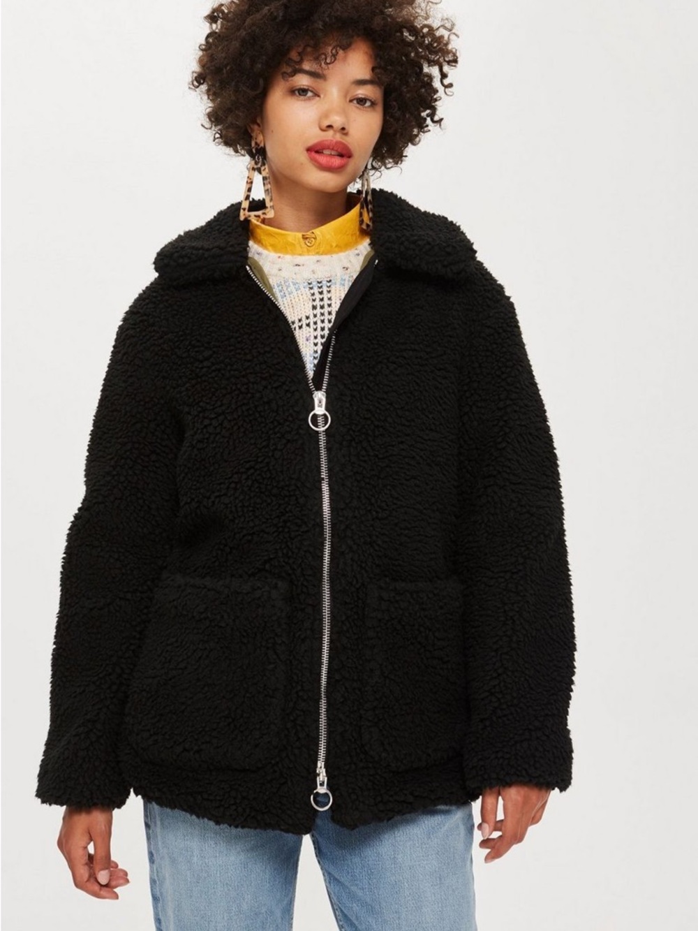 Topshop - Black Teddy Zip-Front Jacket